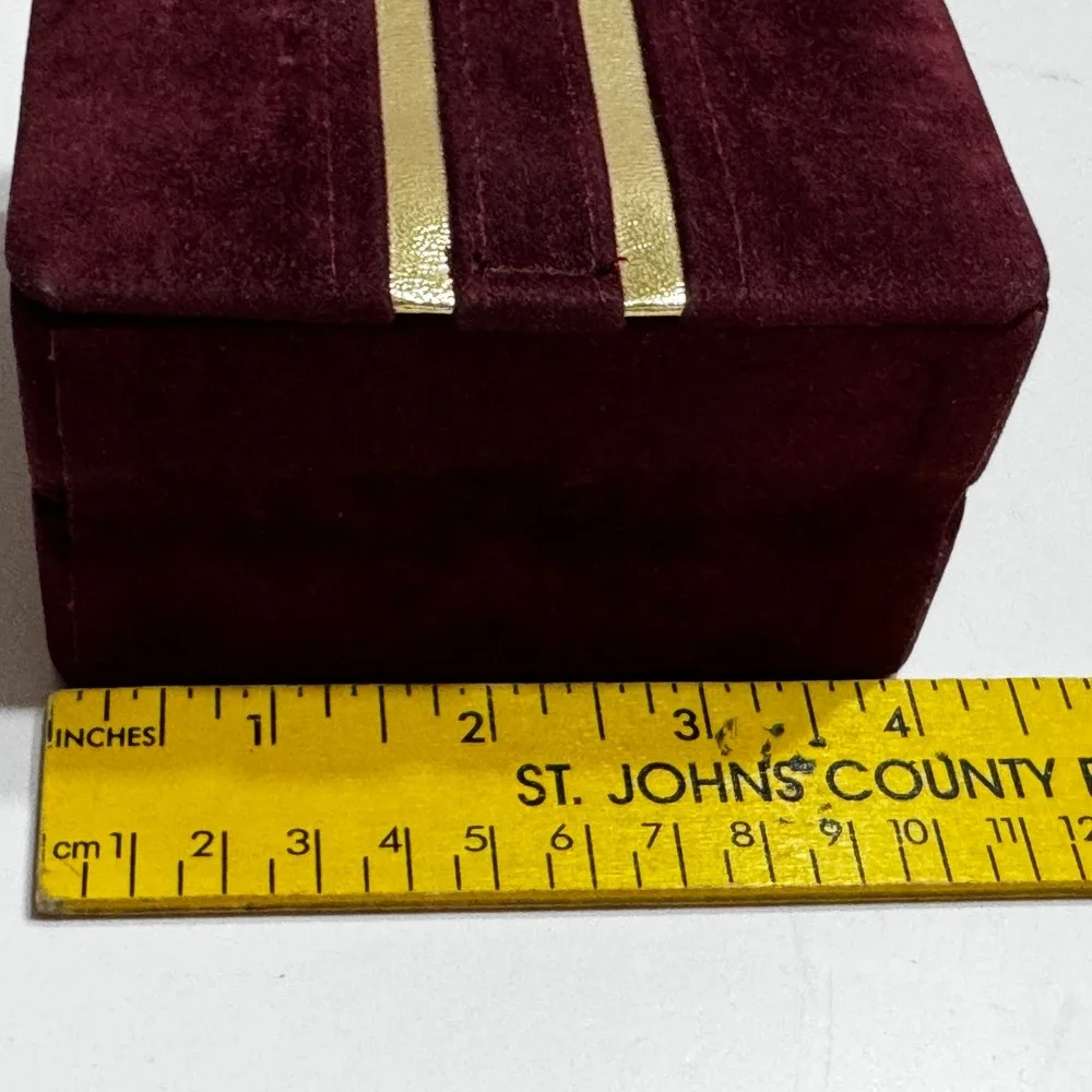 Vtg Burgundy Velvet Jewelry Box Gold Stripe Snap Closure Travel Case Organizer